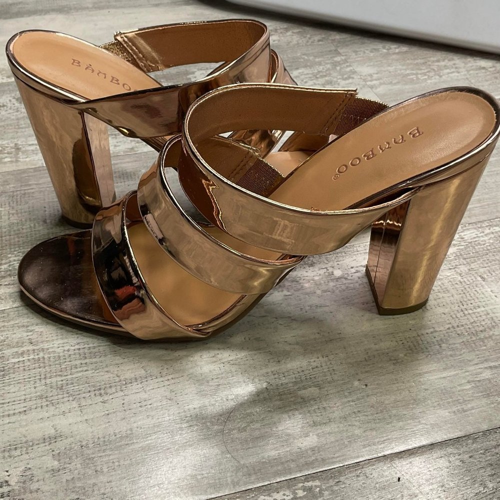 BAMBOO Rose Gold Metallic Strappy Block Heel Mules